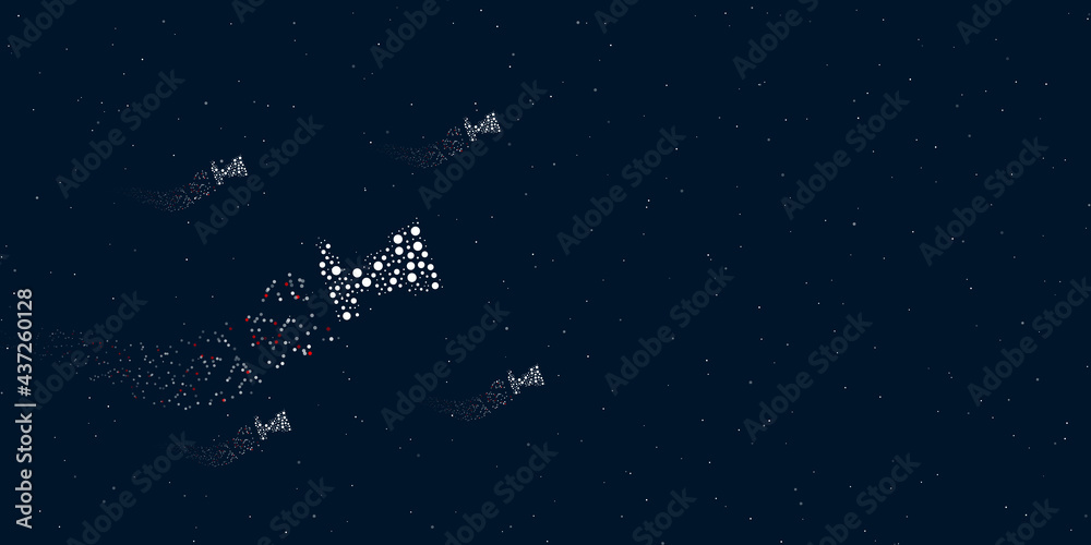 A camera symbol filled with dots flies through the stars leaving a trail behind. Four small symbols around. Empty space for text on the right. Vector illustration on dark blue background with stars A camera symbol filled with dots flies through the stars leaving a trail behind. Four small symbols around. Empty space for text on the right. Vector illustration on dark blue background with stars