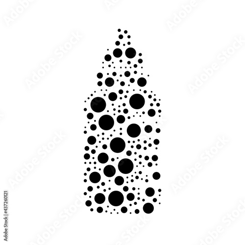 A large feeding bottle symbol in the center made in pointillism style. The center symbol is filled with black circles of various sizes. Vector illustration on white background
