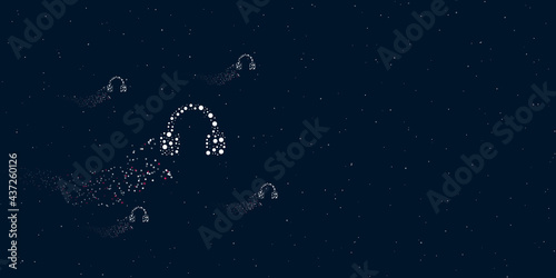 A headphones symbol filled with dots flies through the stars leaving a trail behind. There are four small symbols around. Vector illustration on dark blue background with stars