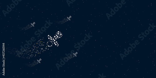 Fototapeta Naklejka Na Ścianę i Meble -  A nipple symbol filled with dots flies through the stars leaving a trail behind. Four small symbols around. Empty space for text on the right. Vector illustration on dark blue background with stars