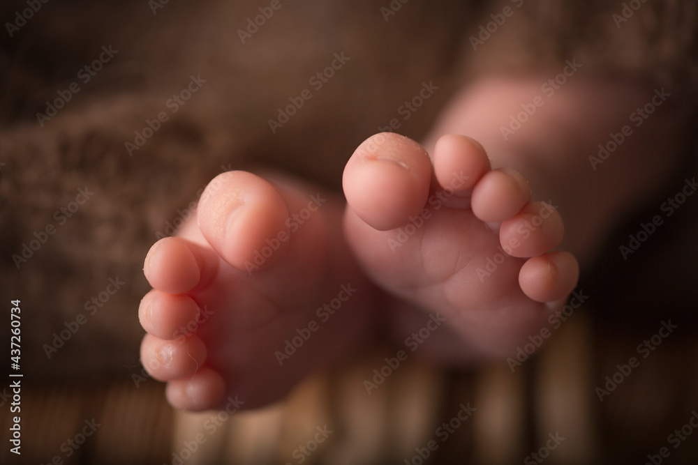 Baby feet. The tiny foot of a newborn in soft selective focus. Image of the soles of the feet. Baby feet. The tiny foot of a newborn in soft selective focus. Image of the soles of the feet.