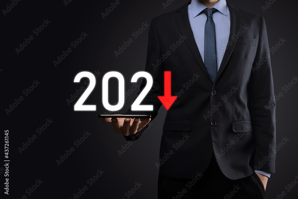 Plan business negative growth in year 2021 concept. Businessman plan and increase of negative indicators in his business, decline down business concepts.