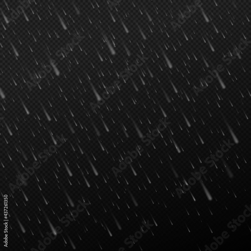 Falling water drops. Rain texture. Rainfall texture isolated on transparent background.