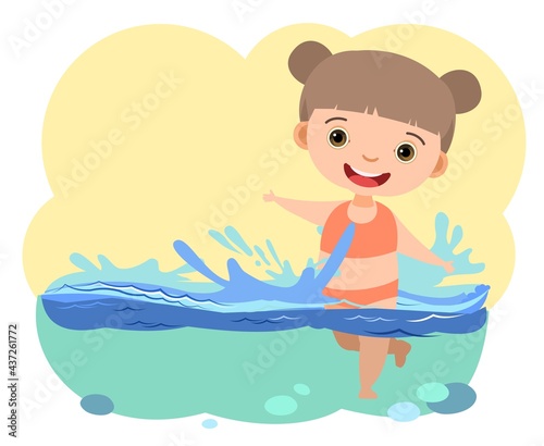 Girl is having fun. Waves of water in river, sea or ocean. Flow. Swimming, diving and water sports. Pool. Isolated on white background. Illustration in cartoon style. Flat design. Vector art