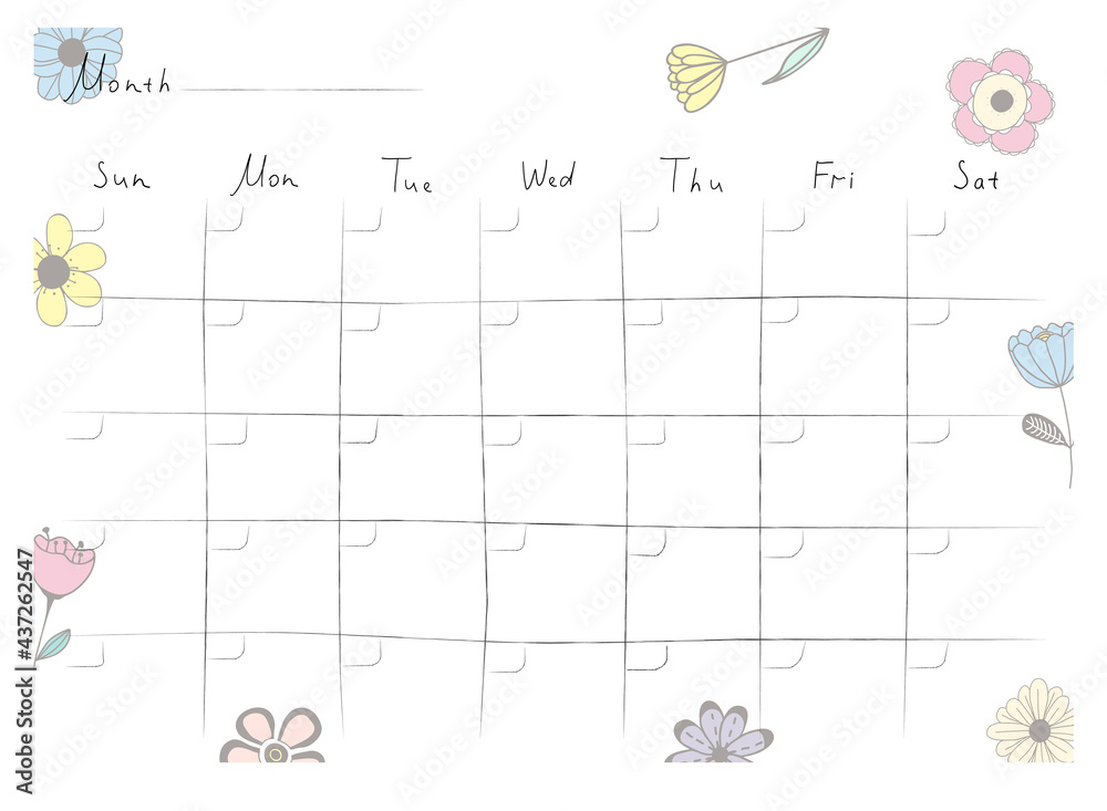 Printable A4 paper sheet with monthly planner blank to fill on background with hand drawn flowers. Minimalist planner for bullet journal page, habit tracker, daily planner template, blank for notebook - obrazy, fototapety, plakaty 