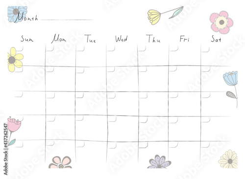 Printable A4 paper sheet with monthly planner blank to fill on background with hand drawn flowers. Minimalist planner for bullet journal page, habit tracker, daily planner template, blank for notebook