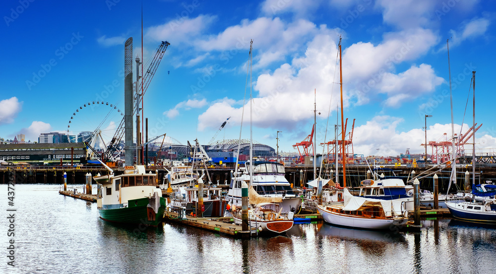 Seattle Waterfront, Seattle, WA USA - November 2018: View of Ocean waterfront from Pier 66, Seattle, Washington, USA