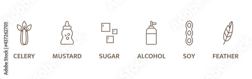 Allergen line icon set. Pollen, celery, mustard, gmo alcohol, sugar, soy, pollen free. Organic and natural food labels. Eco friendly. Zero waste. Allergy warning ingredients. Vector illustration