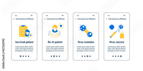 Corona virus effects onboarding mobile app screens.Covid long term system health damage steps menu. Set of UI, UX, web template with RGB color linear icons