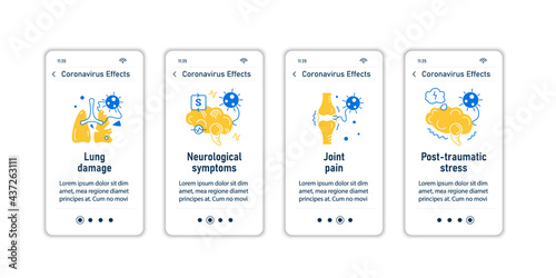 Corona virus effects onboarding mobile app screens.Covid long term system health damage steps menu. Set of UI, UX, web template with RGB color linear icons