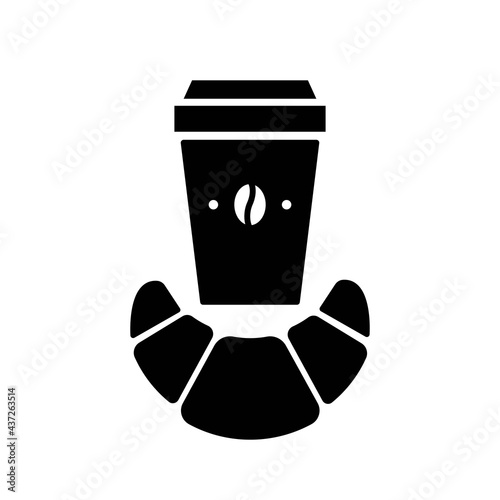 Disposable coffee cup with croissant black line icon. Morning breakfast concept. Flat isolated symbol sign for: illustration, outline, logo, mobile, app, design, web, dev, ui, ux, gui. Vector EPS 10