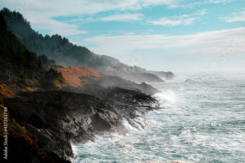 Ocean waves crashing,Rocky coast and beach with ocean surf, Oregon Coast, USA