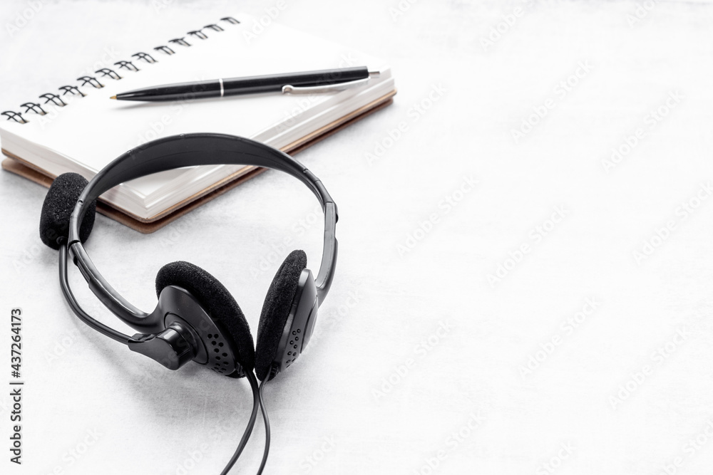Helpline concept. Voip headset equipment for pc call center support Helpline concept. Voip headset equipment for pc call center support