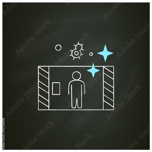 Disinfection tunnel chalk icon. Person walk in antibacterial solution filled tunnel. Corona virus infection spread prevention and hygiene concept.Isolated vector illustration on chalkboard