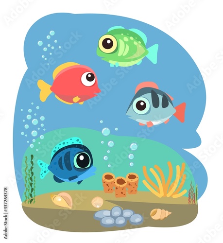 Tropical fish. Little landscape. Underwater marine life. Wild animals. Ocean, sea. Summer water. Isolated on white background. Illustration in cartoon style. Flat design. Vector art