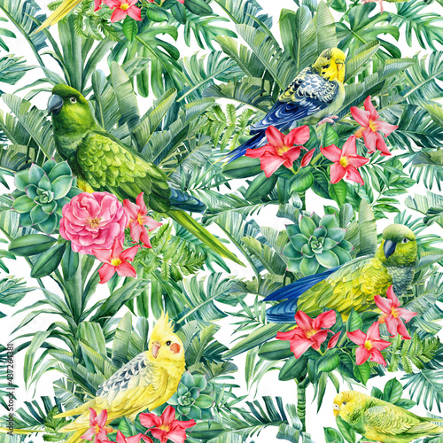 Tropical Seamless pattern. Birds parrots and palms. Watercolor illustration. © Hanna