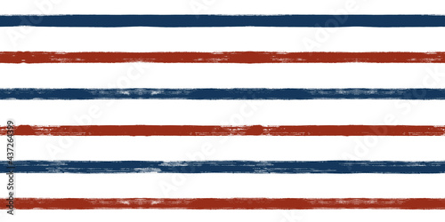 Stripes seamless pattern, red and blue patriotic striped vector background, american watercolor brush strokes. USA colors grunge stripes