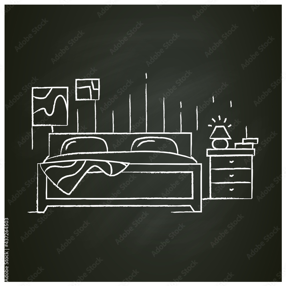 Bedroom interior chalk icon. Double bed and nightstand in sleeping room. Comfortable bedding and furniture. Home interior and lifestyle. Isolated vector illustration on chalkboard