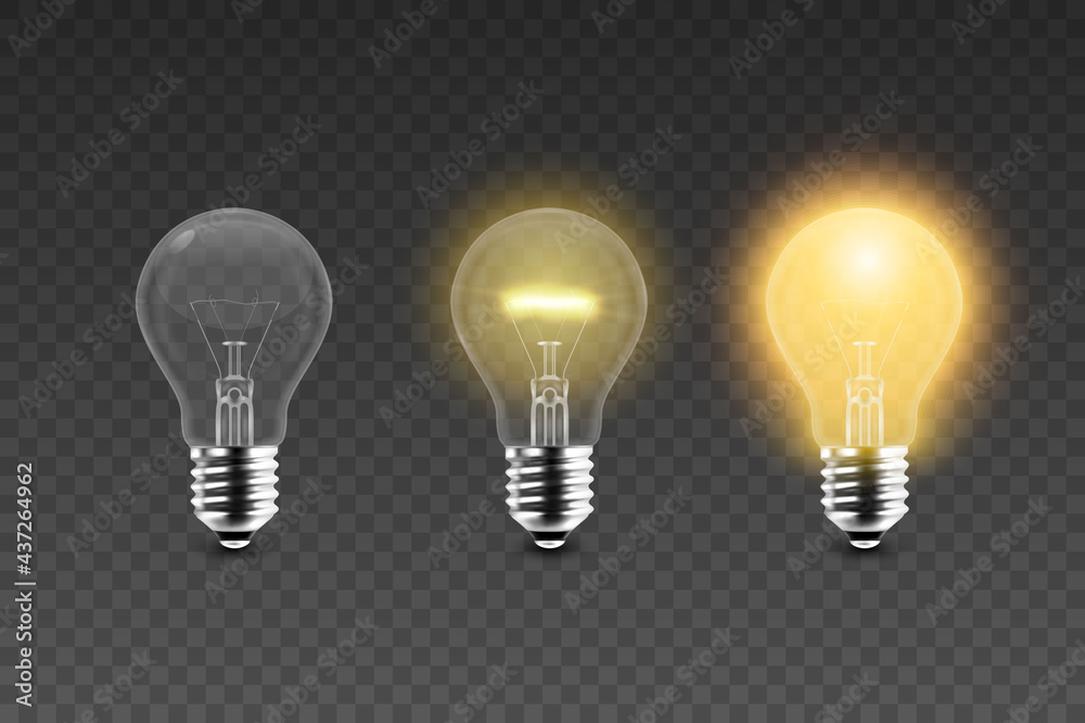 Vector 3d Realistic Glowing, Turned Off Electric Light Bulb Icon Set Isolated on Transparent Background. Design Template. Inspiration, Idea concept. Front View - obrazy, fototapety, plakaty 