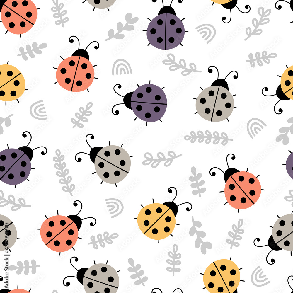 Hand drawn seamless pattern with cute ladybugs. Simple graphic design. Scandinavian floral style. Lovely background