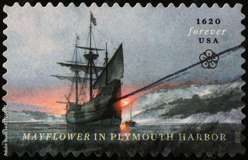 Mayflower in Plymouth harbor on american postage stamp photo