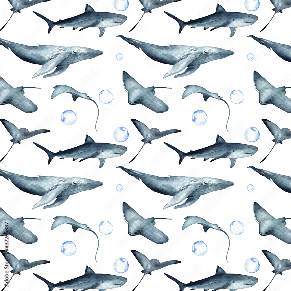 Fish pattern.Watercolor hand drawn pattern isolated on white background. Fish pattern.Watercolor hand drawn pattern isolated on white background.