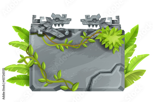 Maya stone sign board, game cartoon vector rock jungle background, boulder panel, Aztec dragon, vine. UI element menu illustration isolated on white, cracked solid granite block. Stone sign background