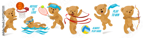 Set of sports icons, panorama with teddy bears. Characters go in for sports, rhythmic gymnastics, swimming, play basketball, tennis, and archery. Logos with slogans. Vintage vector illustration.