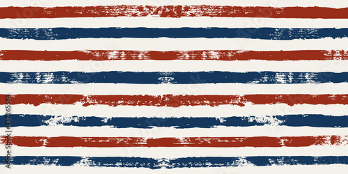 Stripes seamless pattern, red and blue patriotic striped vector background, american watercolor brush strokes. USA colors grunge stripes