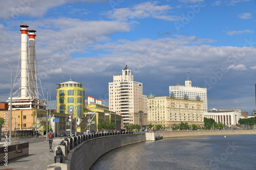 Heating station pipes, residential buildings and the snow white building of the Duma on Krasnopresnenskaya embankment, background photo