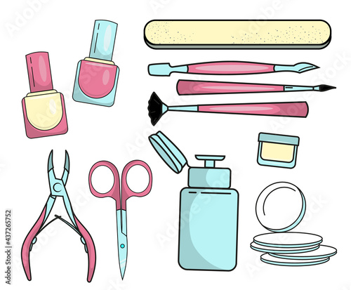 A set of tools for manicure or pedicure, a working tool of a specialist. Isolated elements on a white background for your design.  Vector image, EPS10.