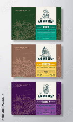 Premium Quality Food Box Mockups. Vector Poultry Packaging Label Design on Cardboard Containers Set. Hand Drawn Chicken, Duck and Turkey Faces and Rural Landscape Sketch Background Layouts Collection