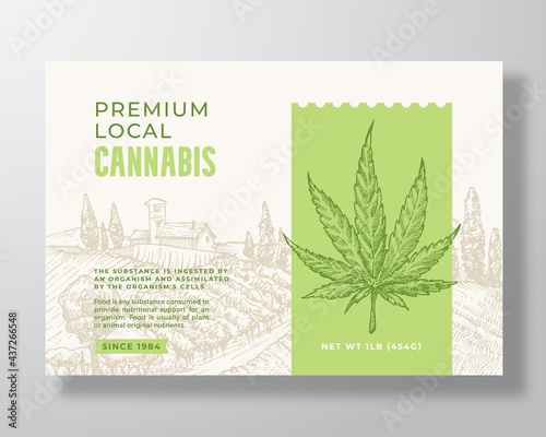 Premium Local Cannabis Label Template. Abstract Vector Packaging Design Layout. Modern Typography Banner with Hand Drawn Hemp Leaf Plant and Rural Landscape Background. Isolated