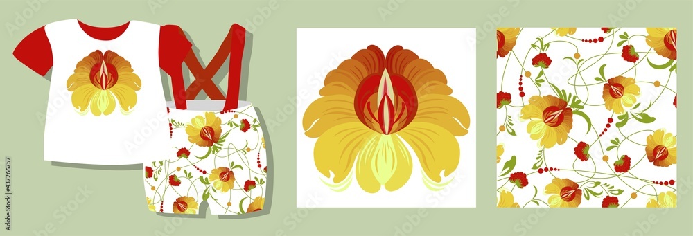 ethnic Ukrainian pattern. Petrikovskaya painting. Traditional Ukrainian painting. Abstract flowers on a white background. set for design of clothes, fabrics and textiles ethnic Ukrainian pattern. Petrikovskaya painting. Traditional Ukrainian painting. Abstract flowers on a white background. set for design of clothes, fabrics and textiles