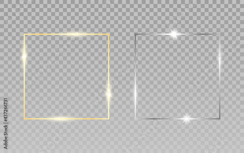 Gold silver squares. Luxury frames on transparent background. Wedding elements for greeting card or invitation. Realistic shiny borders. Vector illustration