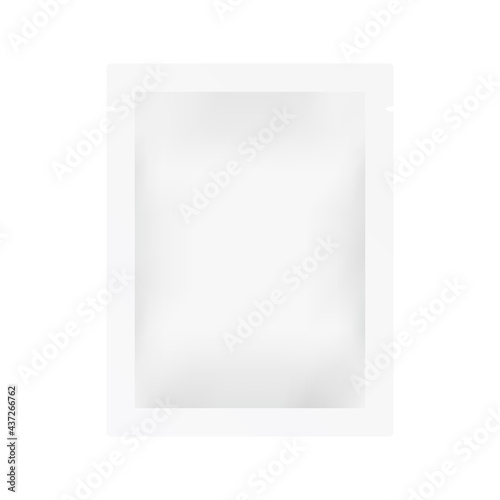 Sachet mockup isolated on white backdrop. Realistic light packet. Closed pouch template. White product package. Clean packaging design. Vector illustration