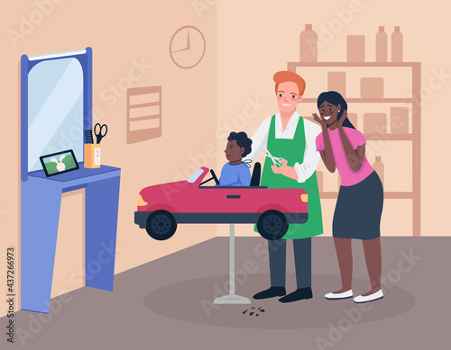 Children hairdresser flat color vector illustration. Mother with toddler at grooming salon. Child friendly services. Kindergarten 2D cartoon characters with studio interior on background