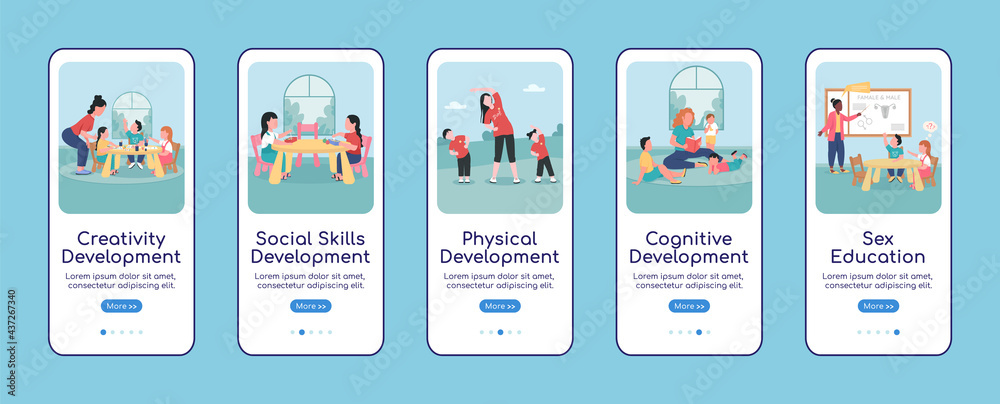 Children development onboarding mobile app screen flat vector template. Walkthrough website 5 steps with characters. Creative daycare UX, UI, GUI smartphone cartoon interface, case prints set Children development onboarding mobile app screen flat vector template. Walkthrough website 5 steps with characters. Creative daycare UX, UI, GUI smartphone cartoon interface, case prints set