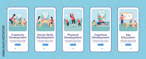 Children development onboarding mobile app screen flat vector template. Walkthrough website 5 steps with characters. Creative daycare UX, UI, GUI smartphone cartoon interface, case prints set