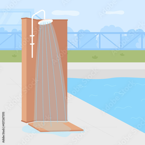 Poolside backyard shower flat color vector illustration. Recreational water illnesses prevention. Removing bacteria from body. Outdoor refreshing 2D cartoon shower with swimming pool on background
