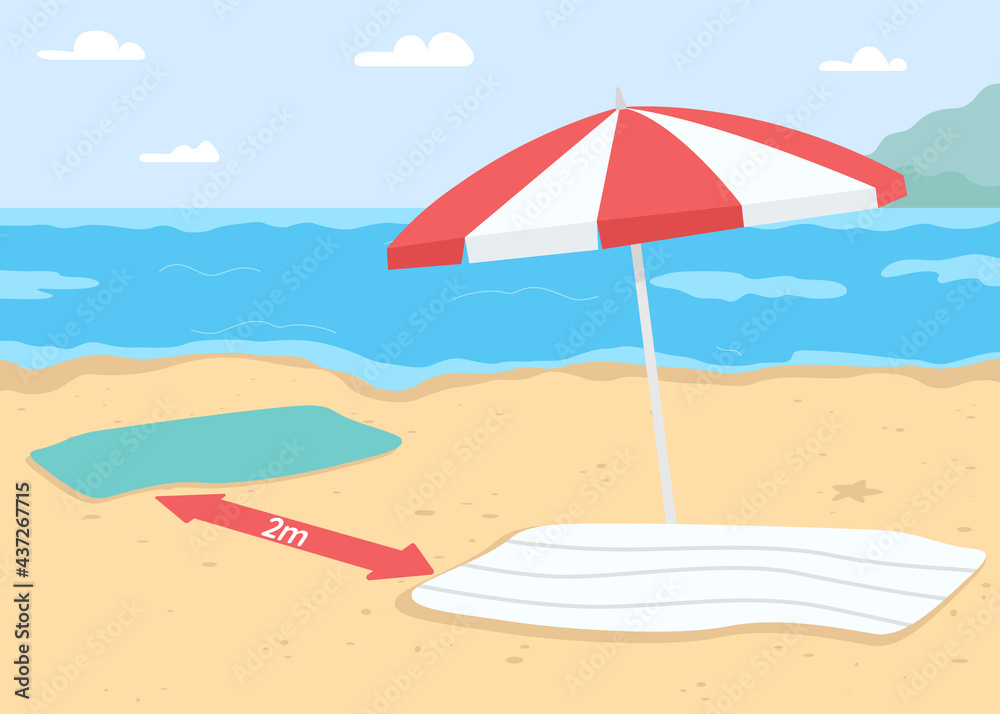 Seaside beach vacation with coronavirus restrictions flat color vector illustration. New normal for travel. Sunbathing under umbrella. Sand 2D cartoon beach with seascape on background
