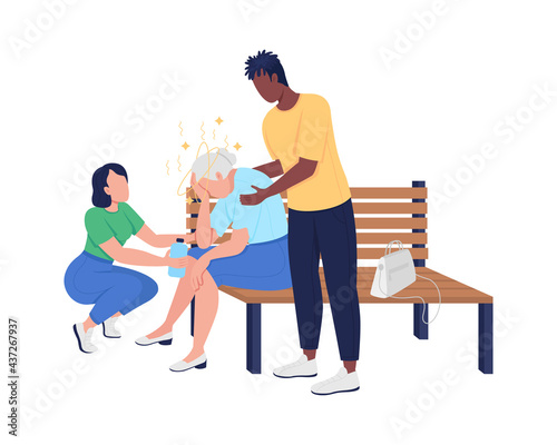 Elderly care semi flat color vector characters. Figures providing emergency care. Full body people on white. Summer heat isolated modern cartoon style illustration for graphic design and animation