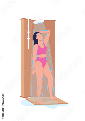 Girl taking shower semi flat color vector character. Woman figure in swimsuit. Full body person on white. Showering daily isolated modern cartoon style illustration for graphic design and animation