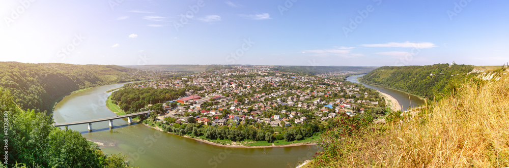 Incredible panoramic view of Zalishchyky city and the canyon of the Dniester river. Incredible panoramic view of Zalishchyky city and the canyon of the Dniester river.