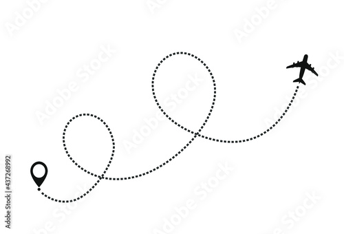 Airplane line path vector icon of air plane flight route with start point and dash line trace. Vector illustration