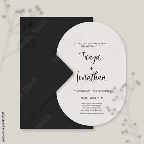 Modern wedding invitation, black wedding invitation template, arch shape with Gypsophila shadow and handmade calligraphy.