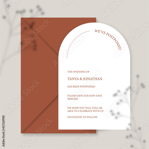 Modern wedding invitation, burnt orange wedding invitation template, arch shape with Gypsophila shadow and handmade calligraphy.