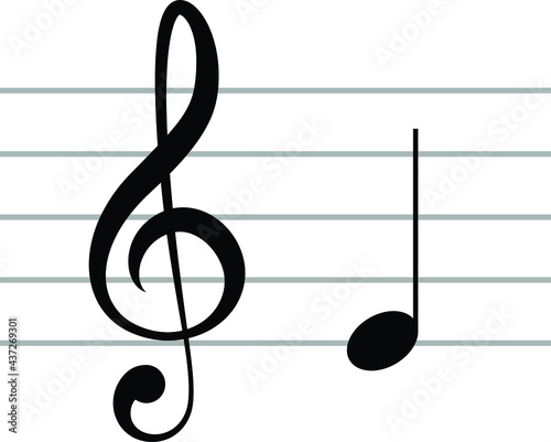 Black music symbol of G clef with note E or MI on ledger lines