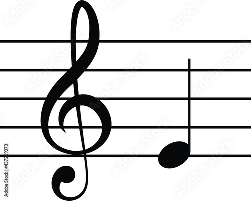 Black music symbol of G clef with note E or MI on staff lines