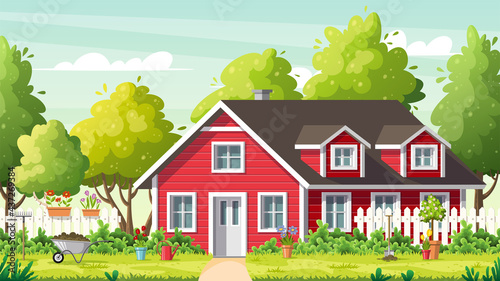 Red House in summer landscape. Empty street with green trees, fence and flowers. Urban garden Cartoon vector illustration.  © GabiWolf